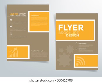 Brown brochure template vector background flyer design with yellow elements on space origami paper and sample text for text and message brochure artwork design in A4 size