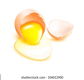 Brown broken egg with flowing yolk on white background. Vector eps10 illustration. Raster file included in portfolio