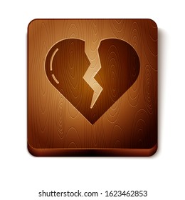 Brown Broken heart or divorce icon isolated on white background. Love symbol. Valentines day. Wooden square button. Vector Illustration