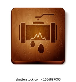 Brown Broken metal pipe with leaking water icon isolated on white background. Wooden square button. Vector Illustration