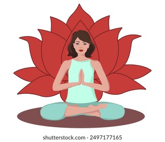 Brown brunette hair woman meditating with a flower behind. Female cartoon character demonstrating various meditation positions isolated on light background. Colorful flat illustration for spiritual, y