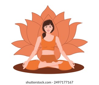 Brown brunette hair woman meditating with a flower behind. Female cartoon character demonstrating various meditation positions isolated on light background. Colorful flat illustration for spiritual, y