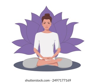 Brown brunette hair woman meditating with a flower behind. Female cartoon character demonstrating various meditation positions isolated on light background. Colorful flat illustration for spiritual, y