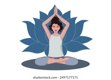 Brown brunette hair woman meditating with a flower behind. Female cartoon character demonstrating various meditation positions isolated on light background. Colorful flat illustration for spiritual, y