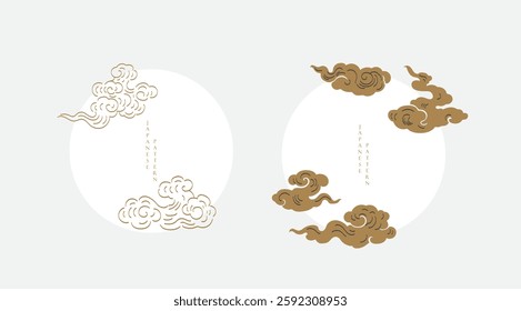 Brown brush stroke texture with Japanese chinses cloud pattern in vintage style. Abstract art landscape banner design with watercolor texture vector.
