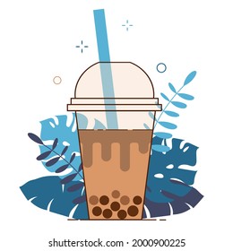 Brown bubble milk tea ads with delicious tapioca black pearls. Taiwanese famous and popular drink Boba. Cartoon flat vector icon isolated on white background.