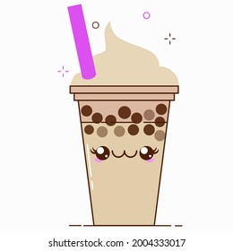 Brown bubble milk tea ads with delicious tapioca black pearls. Cute bubble tea kawaii smiled character. Taiwanese famous and popular drink Boba. Cartoon flat vector icon isolated on white background.