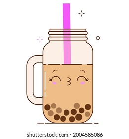 Brown bubble milk tea ads with delicious tapioca black pearls. Cute bubble tea kawaii smiled character. Taiwanese famous and popular drink Boba. Cartoon flat vector icon isolated on white background.