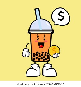 Brown bubble milk tea ads with delicious tapioca black pearls. Cute bubble tea kawaii character. Taiwanese famous drink Boba.