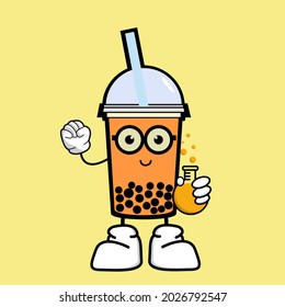 Brown bubble milk tea ads with delicious tapioca black pearls. Cute bubble tea kawaii character. Taiwanese famous drink Boba.