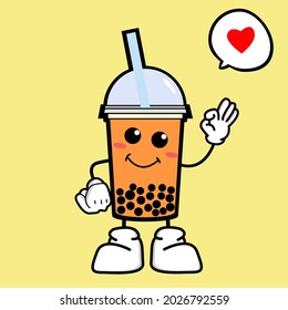 Brown bubble milk tea ads with delicious tapioca black pearls. Cute bubble tea kawaii character. Taiwanese famous drink Boba.