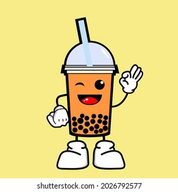 Brown bubble milk tea ads with delicious tapioca black pearls. Cute bubble tea kawaii character. Taiwanese famous drink Boba.