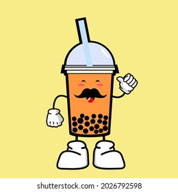 Brown bubble milk tea ads with delicious tapioca black pearls. Cute bubble tea kawaii character. Taiwanese famous drink Boba.