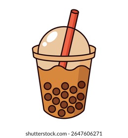 Brown bubble tea with dome lid and red straw isolated on white background