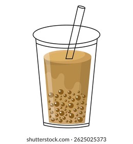Brown bubble tea with tapioca pearls in a plastic cup with a lid and a straw. Summer vacation vector illustration isolated on white background. Good for decoration, stickers and logo.