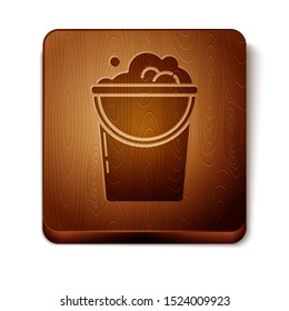 Brown Bucket with foam and bubbles icon isolated on white background. Cleaning service concept. Wooden square button. Vector Illustration