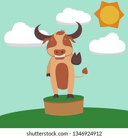 brown buffalo smile and hold two fingers on the grass.