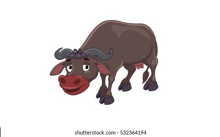 Brown Buffalo Standing with Horns Cartoon Vector Image