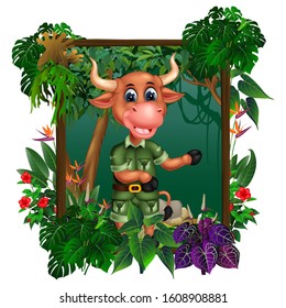 Brown Buffaloe In Forest With Tropical Plant Flower In Wood Square Frame Cartoon