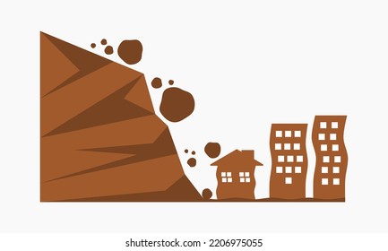 Brown building city house was shaken damaged by earthquake with rockfall mountain hill landslide disaster icon warning sign on white background flat vector design.