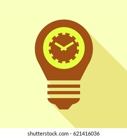 Brown bulb with clock inside icon. Flat illustration of brown bulb with clock inside vector icon for web