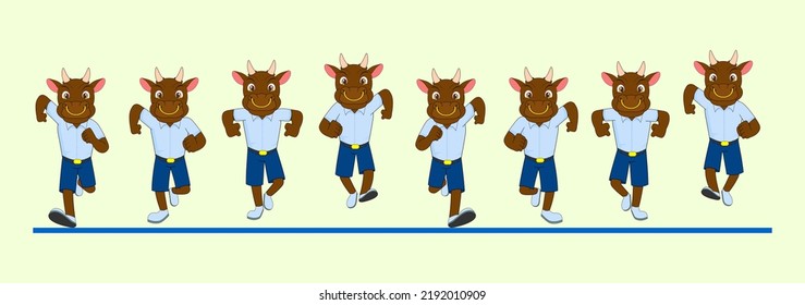 Brown Bull frame by frame Front Run Cycle vector illustration with School dress and shorts. Designed for 2D Animation, eLearning videos, Animated motion posters, Infographics, Motion