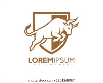 Brown bull logo with shield and lorem ipsum text on white background vector graphic illustration design