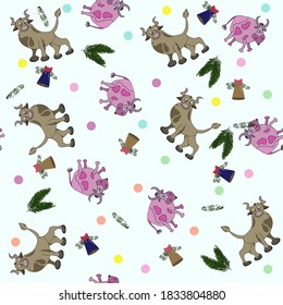 Brown bull and pink cow, branches of a Christmas tree, bells and miscellaneous balls on a light blue background, handmade, vector pattern
