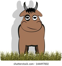 brown bull smiling, surrounded by green grass and white background.