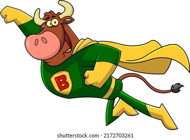 Brown Bull Super Hero Cartoon Character Flying To The Rescue. Vector Hand Drawn Illustration Isolated On White Background
