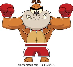 Brown Bulldog Cartoon Character Boxing Champion In Red Boxing Shorts Wearing Red Boxing Gloves. Vector Hand Drawn Illustration Isolated On Transparent Background