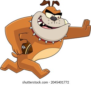 Brown Bulldog Cartoon Character Football Player Running. Vector Hand Drawn Illustration Isolated On Transparent Background