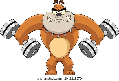 Brown Bulldog Cartoon Character Working Out With Dumbbells. Vector Hand Drawn Illustration Isolated On Transparent Background