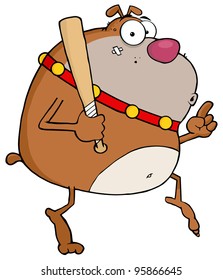 Brown Bulldog Tip Toeing With Baseball Bat.Vector Illustration