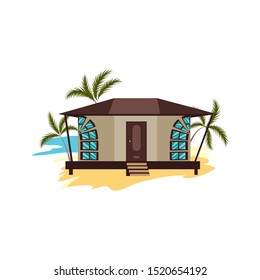 Brown bungalow on beach surrounded by palms vector illustration
