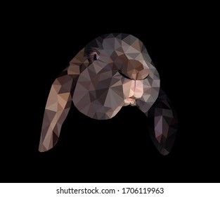 Brown bunny face low poly triangular vector illustration isolated on black. Polygonal style trendy modern logo business fairy design template for easter invitations and greetings.