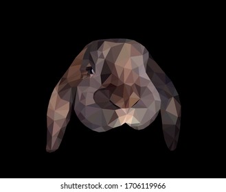 Brown bunny face low poly triangular vector illustration isolated on black. Polygonal style trendy modern logo business fairy design template for easter invitations and greetings.