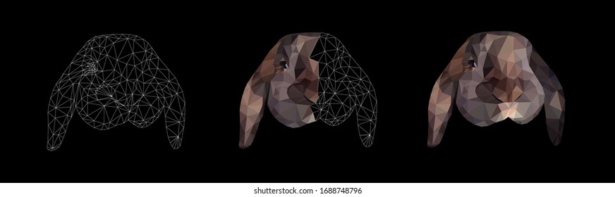 Brown bunny face set low poly triangular vector illustration isolated on black. Polygonal style trendy modern logo business fairy design template for easter invitations and greetings.