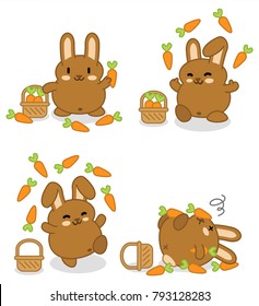 Brown bunny juggling with carrots until they fall to the ground (four kawaii vector graphics)