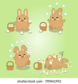 Brown bunny juggling with eggs until they smash on the floor (four kawaii vector graphics)
