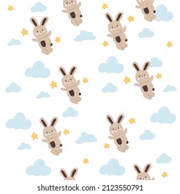 Brown bunny jump on sky with blue cloud and star on white background seamless pattern