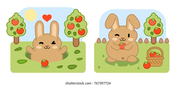 Brown bunny looking out of rabbit hole in apple tree garden, harvesting apples (two kawaii graphics)