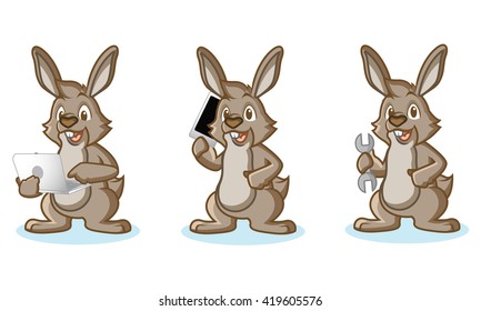 Brown Bunny Mascot with laptop, phone and tools