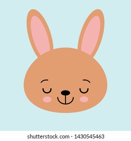 Brown bunny rabbit. Funny head face. Big ears. Cute kawaii cartoon character. Baby greeting card template. Happy Easter sign symbol. Blue background. Flat design.