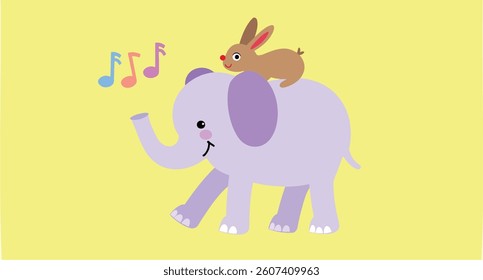 brown bunny rides on a lavender elephant creating a whimsical scene.