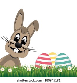 brown bunny side colorful eggs daisy meadow isolated
