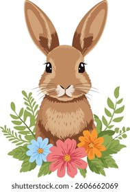 Brown Bunny with Three flowers
