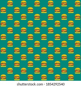 brown burger sandwiched with vegetables on blue background repeat pattern