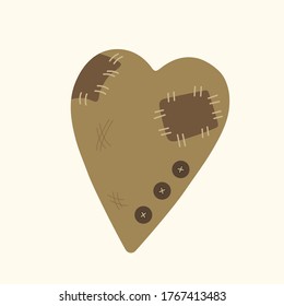 Brown burlap heart with patches and buttons. Vector illustration