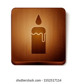 Brown Burning candle in candlestick icon isolated on white background. Cylindrical candle stick with burning flame. Wooden square button. Vector Illustration